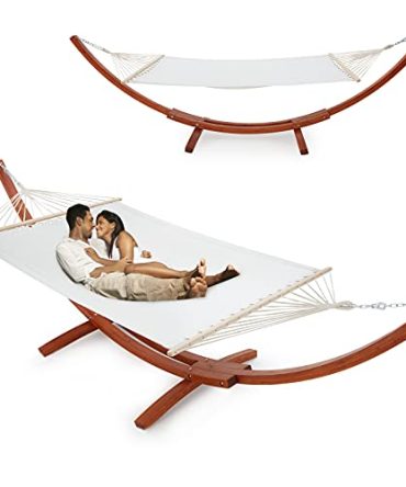 Wooden Double Hammock with Stand 2 Person Heavy Duty, Easy Assemble, Weatherproof