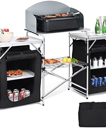 Giantex Camping Kitchen Station, Folding Grill Table with 26'' Tabletop, 2 Side Tables