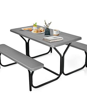 Happygrill Outdoor Picnic Table Bench Set with Metal Frame