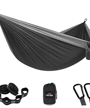 Ultra-Lightweight Portable Parachute Hammock - Single & Double Nylon Hammock for Camping, Backpacking, Travel, Hiking (Black & Gray, 55''W x 110''L).