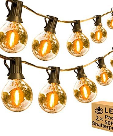 100ft 2-Pack Outdoor String Lights, Dimmable G40 LED String Lights with 52 Shatterproof Clear Bulbs UL Approval Waterproof Globe 1W 2700K Outdoor Lighting for Backyard Porch Cafe Party Wedding Garden