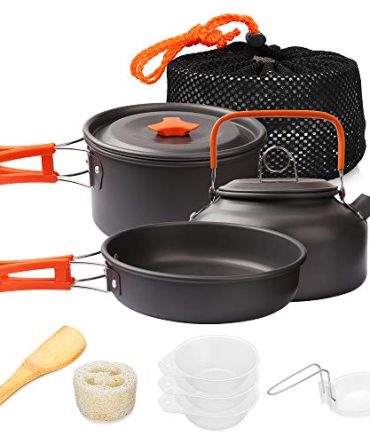 10-Piece Lightweight Non-Stick Camping Cookware Set with Stackable Pots, Pans, Kettle, and Bowls - Comes with Storage Bag for Outdoor Hiking and Backpacking.