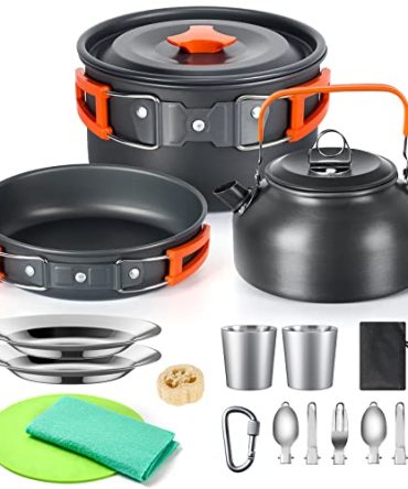 16-Piece Nesting Camping Cookware Set - Compact and Convenient for Backpacking, Hiking, and Outdoor Cooking.