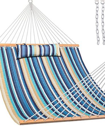 Double Hammock with Spreader Bars and Detachable Pillow, 2 Person for Outdoor