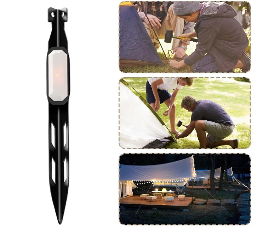 4PCS LED tent stakes with V-shaped design for secure anchoring, featuring built-in lights for nighttime visibility during camping.