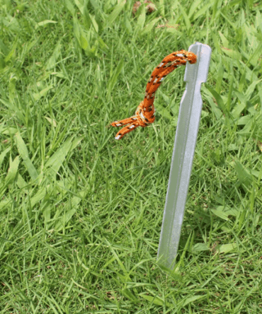 Set of 8 lightweight aluminum alloy tent pegs with rope, available in various colors, ideal for camping and hiking.