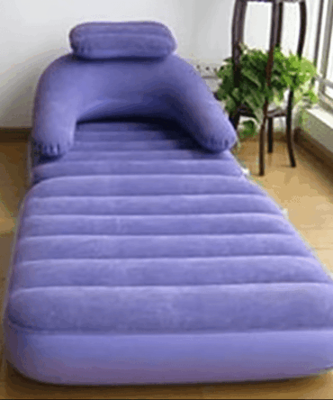 Purple 3-in-1 inflatable sofa bed with thickened flocked fabric, ideal for camping and compact living spaces. 