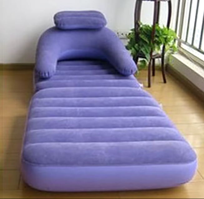 Purple 3-in-1 inflatable sofa bed with thickened flocked fabric, ideal for camping and compact living spaces. 