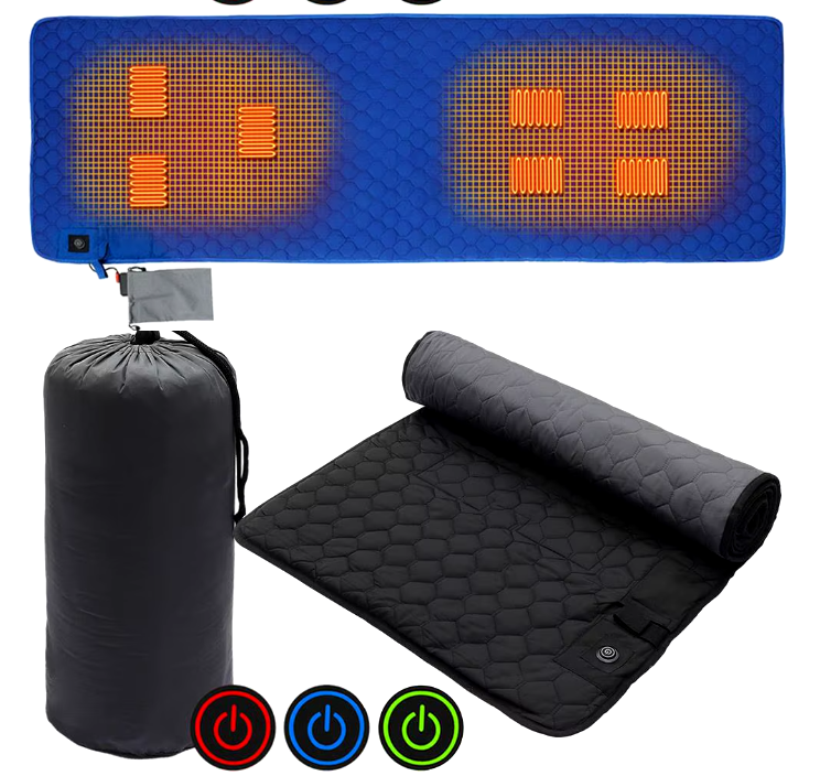 "7-Zone Outdoor Heating Sleeping Mat designed for winter camping, featuring adjustable temperature settings for maximum comfort.