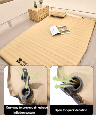 Khaki MOBI GARDEN Aries Double Air Cushion with sponge filling, suitable for camping and home use. 