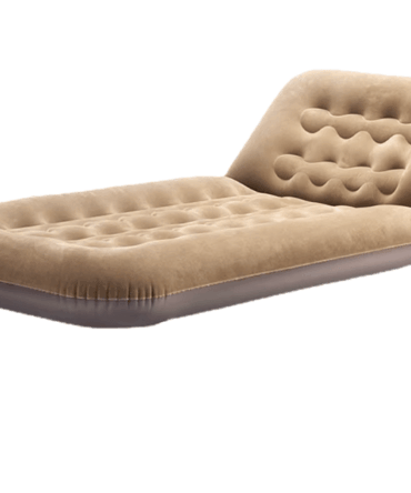 Khaki inflatable mattress with soft flocked fabric, designed for camping, home, and vehicle use. 