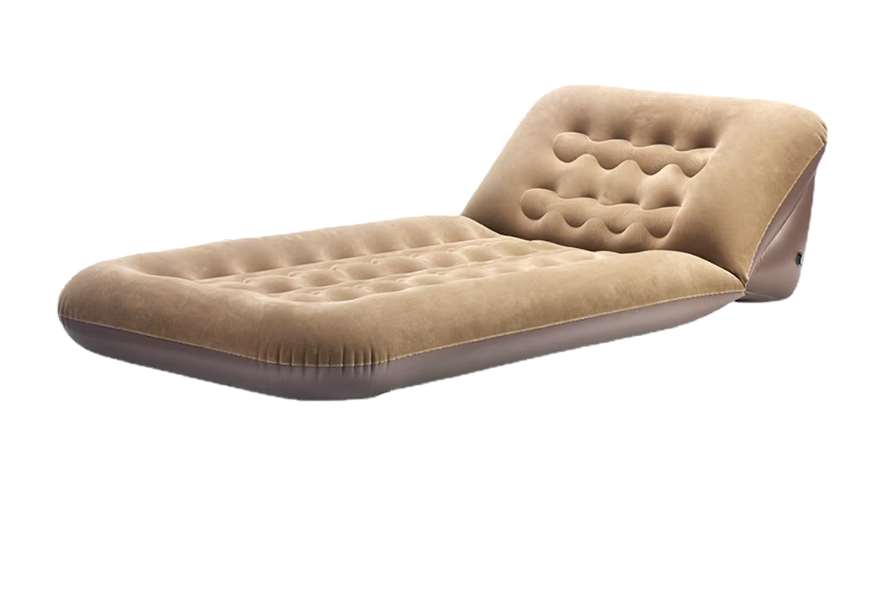 Khaki inflatable mattress with soft flocked fabric, designed for camping, home, and vehicle use. 